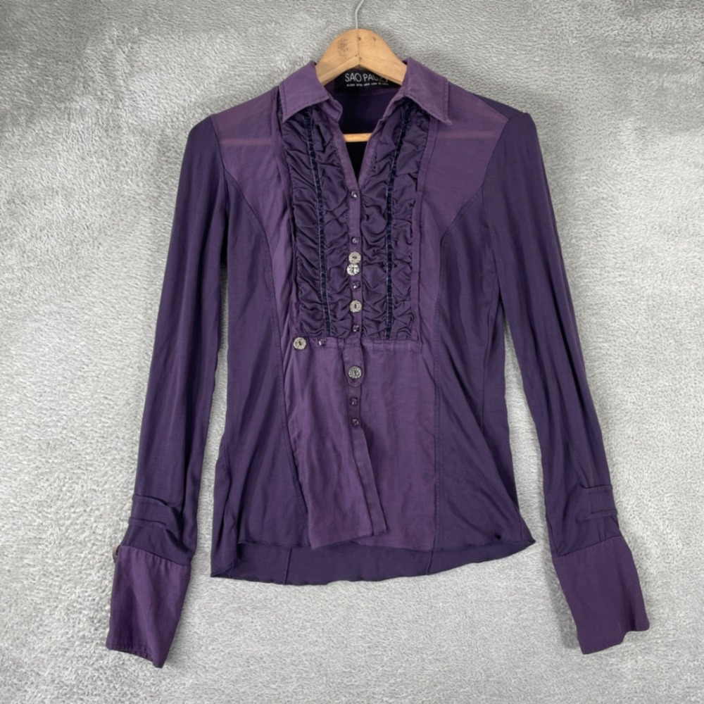 Sao Paulo Blouse Womens Small Purple Silk Blend Ruffle Mixed Media Shirt Y2K